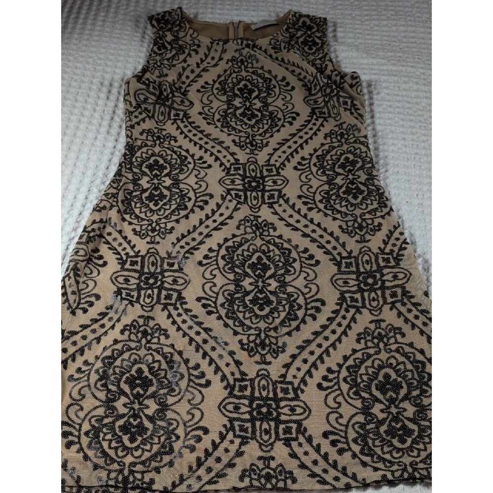 Mystic Y2K Beige Midi Dress with Black Ornate Pattern Size L